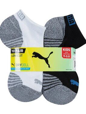 Puma Kid's Low Cut Socks 10 Pair DryCELL Moisture Wicking, Size 3.5–9, Black NEW